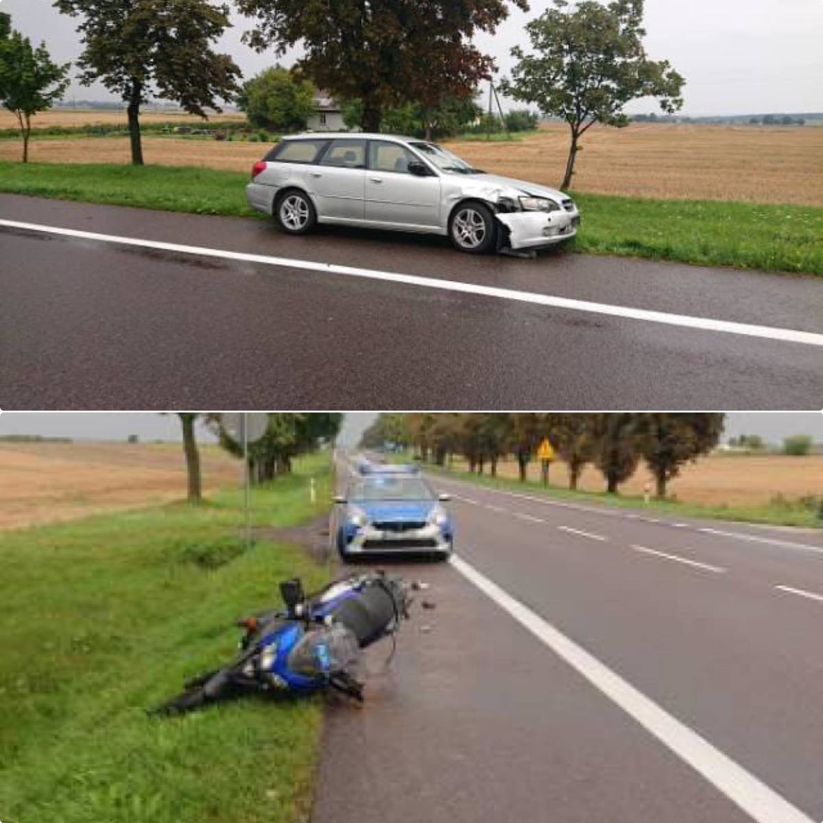 Zniszczony motocykl oraz uszkodzony samochód marki Subaru.