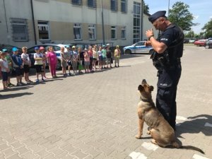 dzieci oglądają pokaz posłuszeństwa psa służbowego