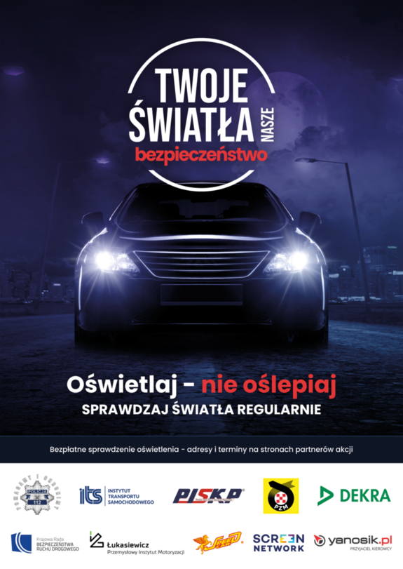 plakat akcji na nim samochód na światłach i napis oświetlaj nie oślepiaj