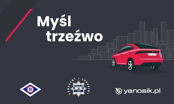 plakat akcji Kierowco myśl trzeźwo rysunek auta dłoń trzymająca telefon i logo partnerów akcji