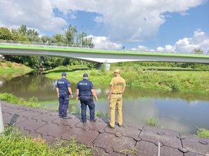 strażacy i policjanci kontrolujący teren nadrzeczny
