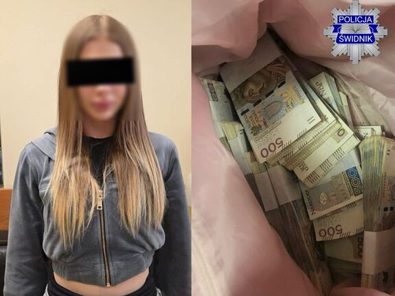 Zatrzymana kobieta oraz odzyskane pieniądze.